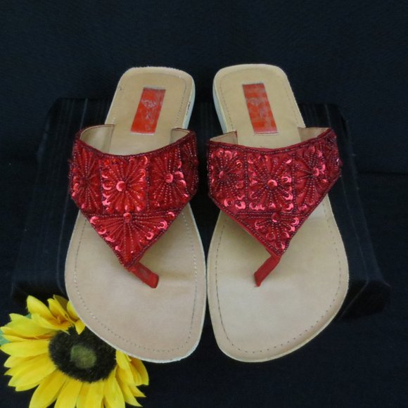 Red Hat Society Sandals Red Boho Floral Beaded Sequined Slip On Thongs Size 6.5 - Picture 3 of 13